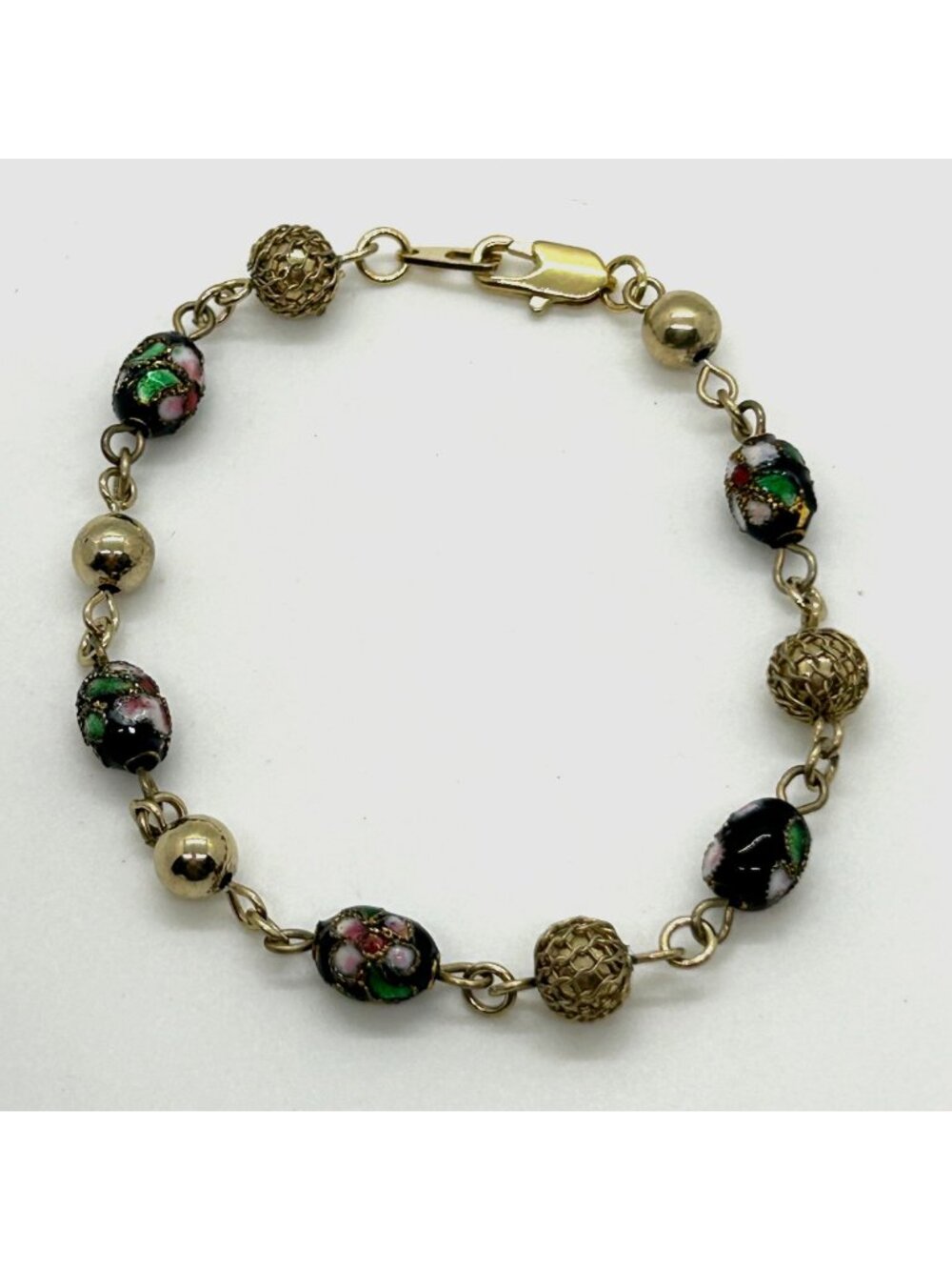 Vintage Cloisonné Bracelet Floral Enamel Filigree Gold Tone Multi-Colored 7"